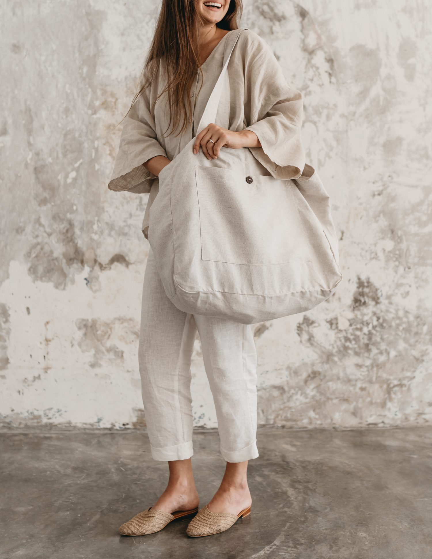 Nowhere & Everywhere Linen Tote Bag Recovered Recycled Redirected Landfill Dead stock Zero Waste Coconut Buttons Ethical Sustainable Australia NZ UK Canada America USA